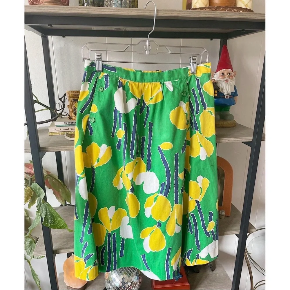 Vintage Green Midi Skirt with Yellow & White Floral Print - Picture 4 of 4